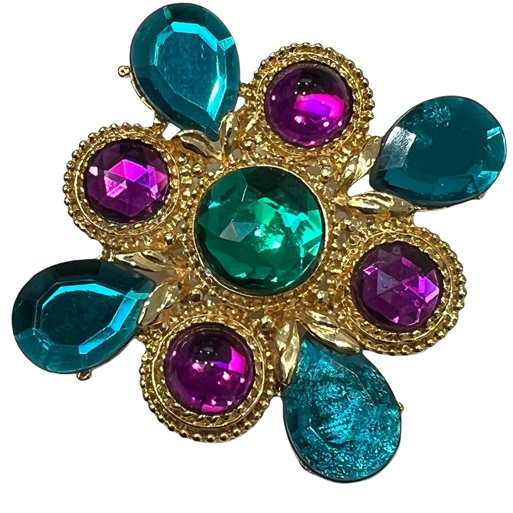 VINTAGE PINK & GREEN CRYSTAL MALTESE CROSS GOLD TONE BROOCH